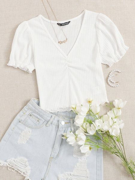 

lettuce trim ruched front rib-knit 61hc#, White