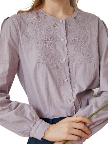 

simple retro floral embroidery button front blouse d8la#, White