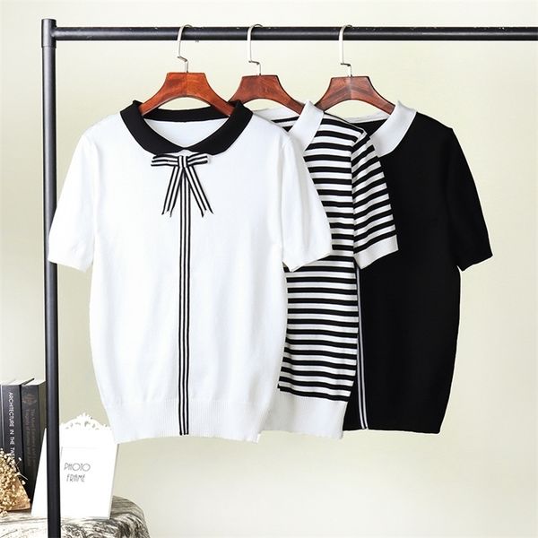 

hlbcbg new women knitted summer stripe t shirt bowtie preppy style student cute tee shirt short sleeve tshirt female 210317, White