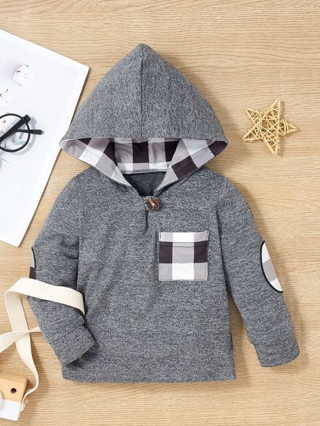 

baby contrast buffalo plaid elbow patch hoodie she, Black