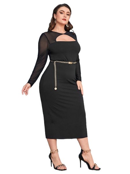 

plus keyhole neck sheer mesh yoke and sleeve dress without belt s532#, Black