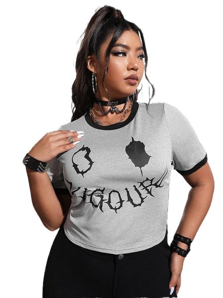 

plus cartoon and letter graphic contrast trim tee j36a#, Black