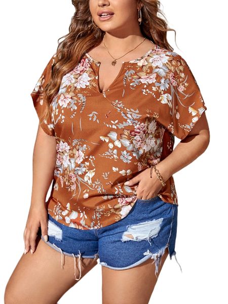 

plus floral notched neck batwing sleeve blouse n7ix#, Black