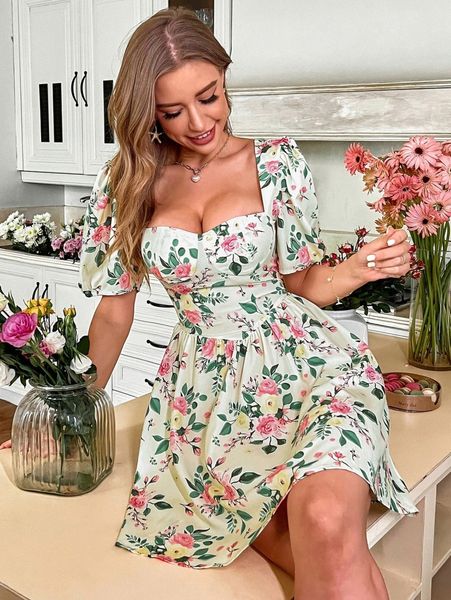 

floral print puff sleeve sweetheart neck a-line dress 71f0#, Black;gray