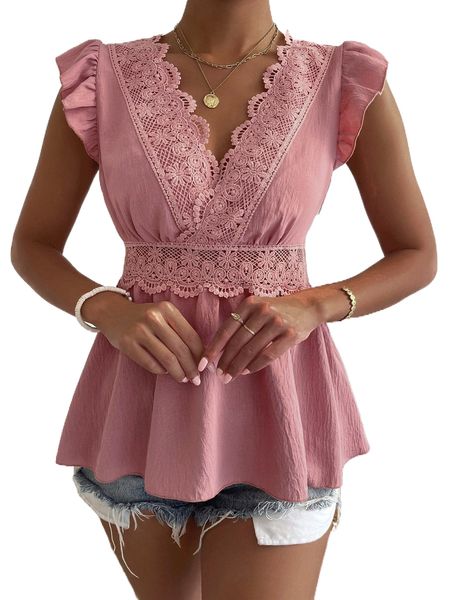 

guipure lace panel ruffle sleeve peplum blouse r9pz#, White