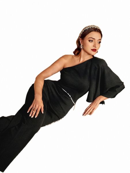 

modely one shoulder butterfly sleeve belted jumpsuit g69l#, Black;white