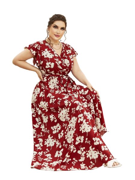 

plus floral print butterfly sleeve belted maxi dress 06ws#, Black