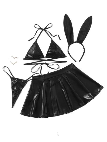 

4pack lace up halter lingerie set & skirt & hairhoop o2jl#, Black;red