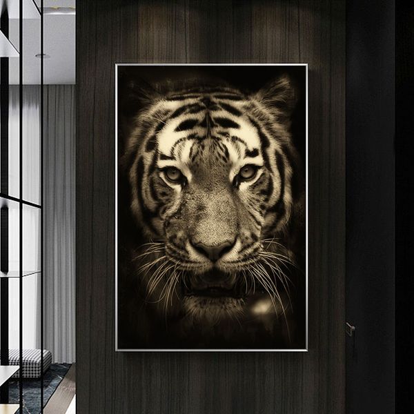 Schwarz-weißes Tigertier, abstrakte Leinwandkunst, Malerei, Poster und Drucke, skandinavisches Wandbild für Wohnzimmerdekoration