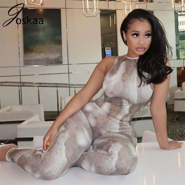 

joskaa tie dye print jumpsuit women jumpsuits skinny bodycon sleevess backless line up outfits playsuit 210326, Black;white