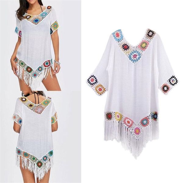 Verão feminino crochê chiffon borla túnica praia de roupas de banho capa vestido de biquíni vestidos de praia de natação 220524