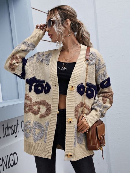 

letter pattern button through cardigan v8hp#, White;black
