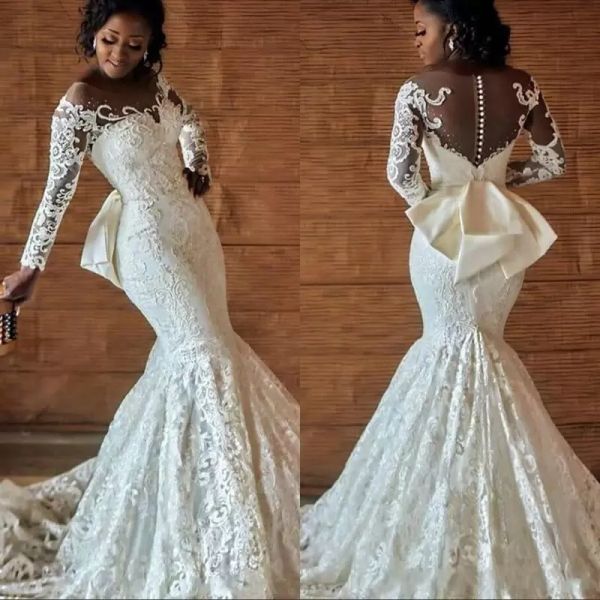 

african lace mermaid wedding dresses bridal gown applique tulle scoop neck long sleeves custom made vestidos 2022 covered buttons back, White