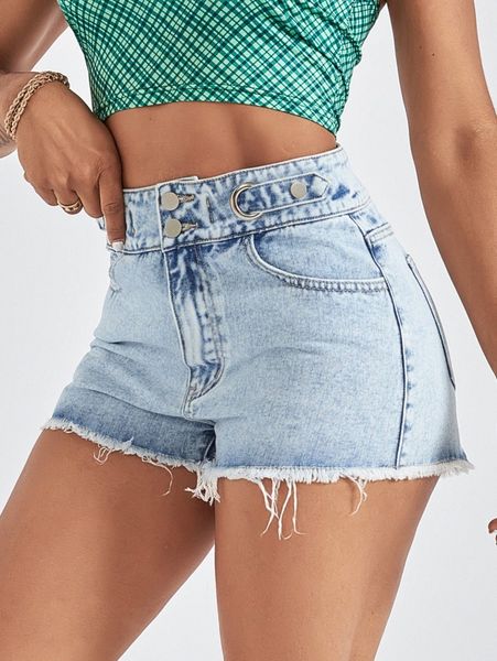 

zipper fly raw hem denim shorts 15pk#, White;black