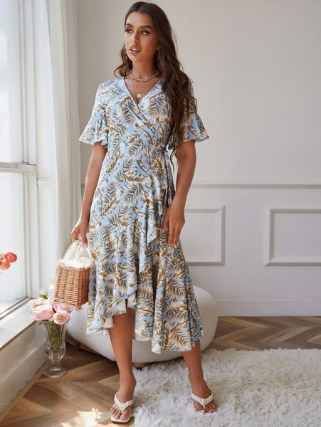 

wrap tie side tropical print dress j0cn#, Black;gray