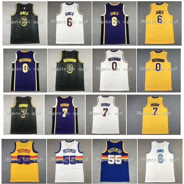 Maglia da basket Na85 Los Angeles James 6 Lebron Russell 0 Westbrook Carmelo 7 Anthony Maglia Dikembe 55 Mutombo Viola Giallo Bianco Nero Taglia