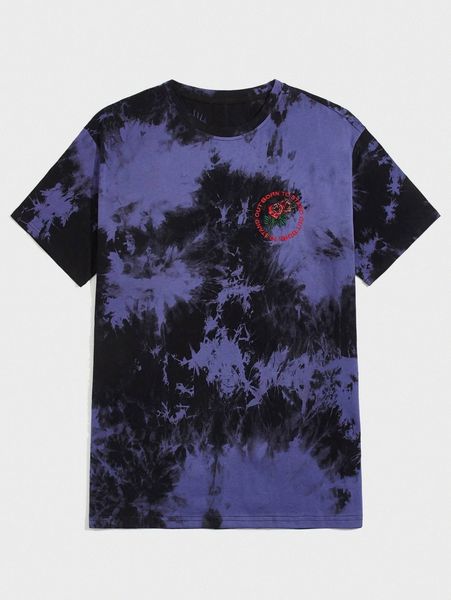 

romwe guys tie dye floral letter embroidery tee l2x8#, White;black