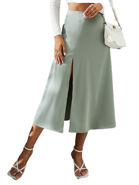 

high waist satin slit skirt x1pl#, Black