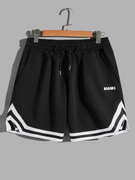

men letter graphic striped trim drawstring waist shorts p4tm#, White;black