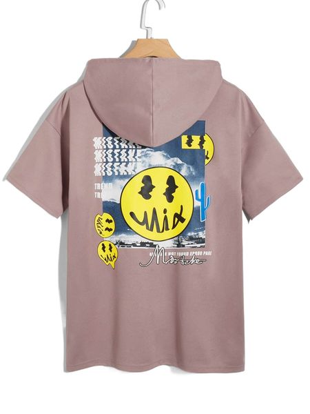 

men cartoon & letter graphic hooded neck tee 40sm#, White;black