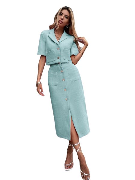 

button through tweed straight skirt 698w#, Black