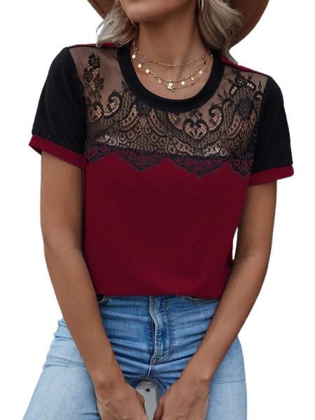 

lace panel colorblock tee p5n0#, White