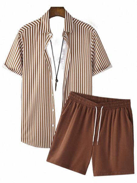 

men striped shirt & drawstring waist shorts without tee d0a2#, Gray