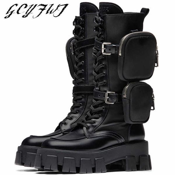 

pocket bag womens mid calf boots flat platform round toe buckle women shoes crosstied zippersid thick bottom zapatos de mujer 210911, Black