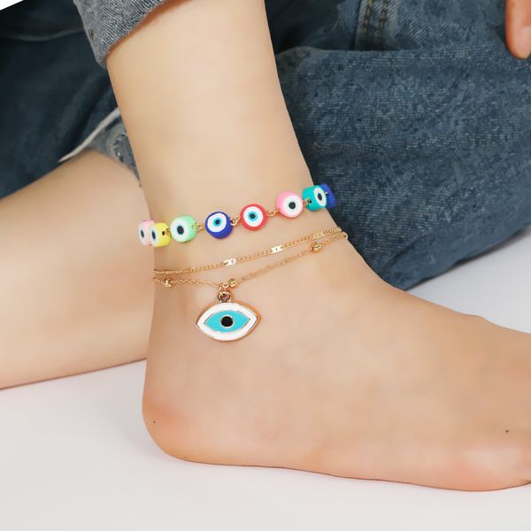 

s2912 fashion jewelry multi-layer colorful evil eye beaded anklet enamel blue eye pendant chain anklets set 2pcs/set, Red;blue