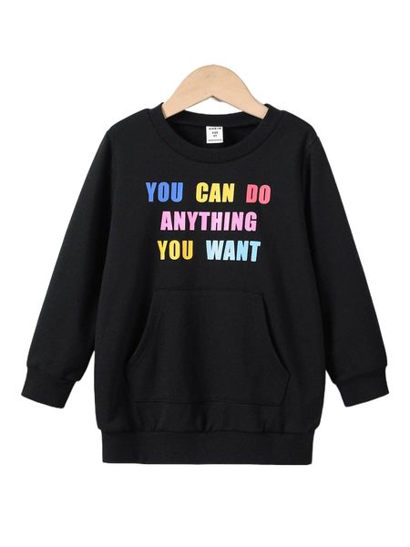 

toddler girls slogan graphic kangaroo pocket sweatshirt w2cu#, Black;white