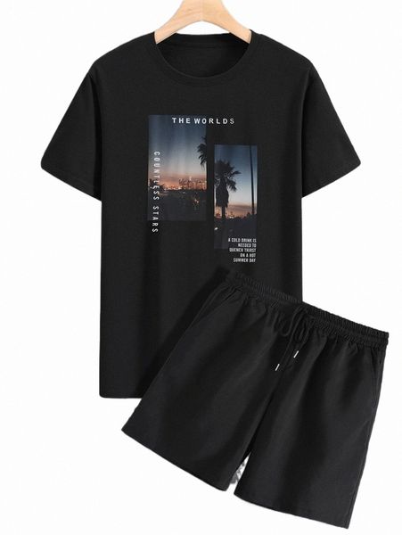 

men coconut tree & slogan graphic tee & drawstring waist shorts u0zf#, Gray