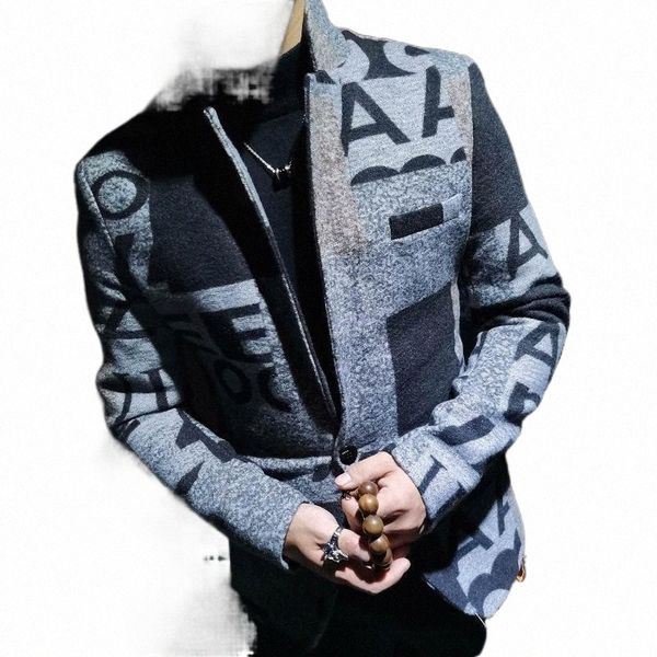 

men's suits & blazers 2021 fall winter art men blazer jacket slim fit party prom club pattern homme big letter print woolblend tweed 16, White;black