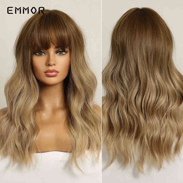 

emmor synthetic ombre brown blonde long wig with bangs for women cosplay natural water wavy heat resistant wigs 220516, Black
