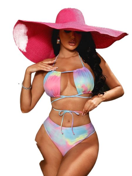 

tie dye lace up bikini swimsuit e8ss#, White;black