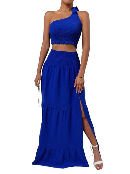 

one shoulder knot side shirred crop & split thigh skirt a3wm#, White