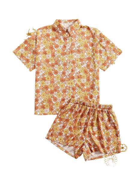 

romwe x goldendazeillustration allover floral print shirt & shorts v614#, White