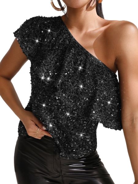 

one shoulder ruffle trim sequin y7lw#, White