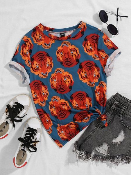 

plus tiger print tee v2st#, Black