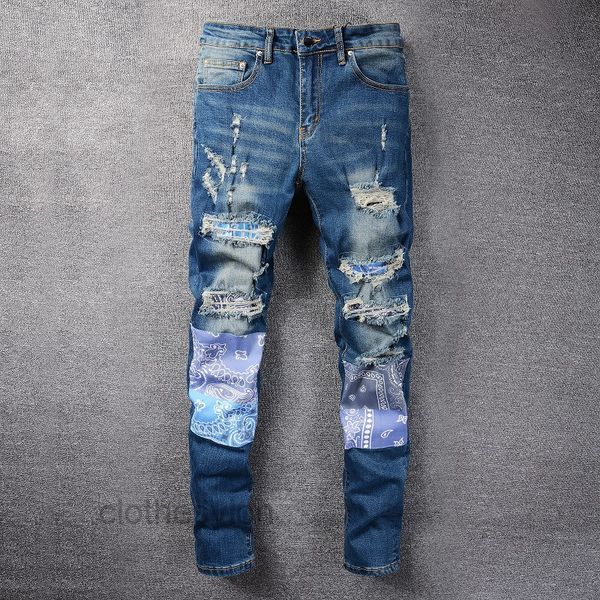 

t shirts designer jeans amirs 2022 jean casual hip hop worn out and washed splash ink color painting slim fitting men's #832, Blue