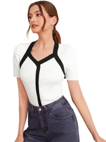 

contrast trim puff sleeve ribbed knit t4ck#, White;black