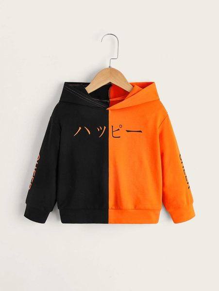 

toddler boys japanese and letter print spliced hoodie she, Black