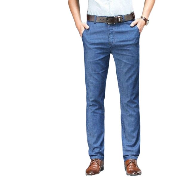 

men's jeans summer brand 2021 men thin breathable soft straight ice pants loose vintage casual trousers mens clothing v2rs#, Blue