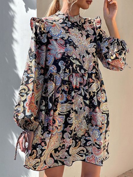 

paisley and floral bishop sleeve smock dress r64n#, Black;gray
