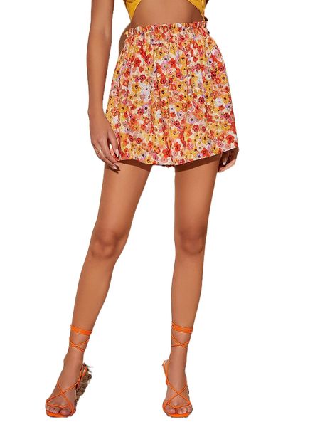 

allover floral print paperbag waist shorts a48a#, White;black