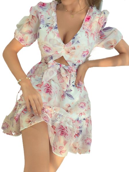 

random floral print cut out tie backless ruffle hem chiffon dress y30m#, Black;gray