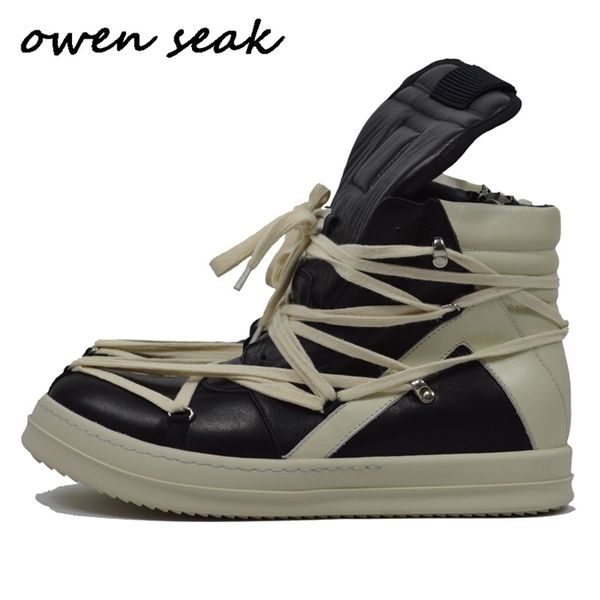 

owen seak men genuine leather highankle boots luxury trainers casual sneaker laceup women high street zip flats shoes 220815, Black