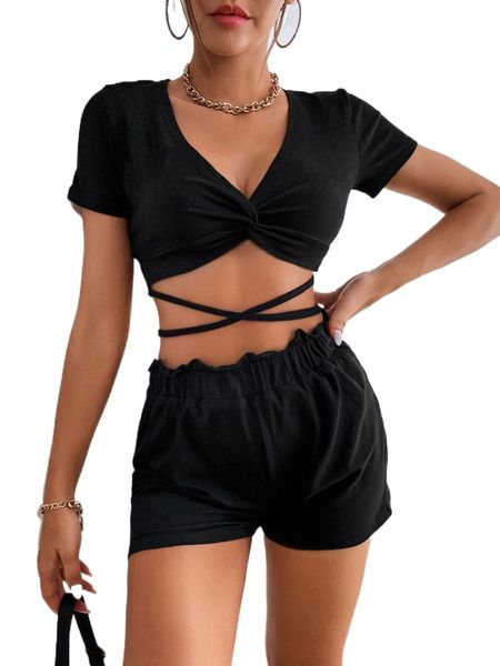 

twist crisscross tie back crop & paperbag waist shorts y9sh#, White