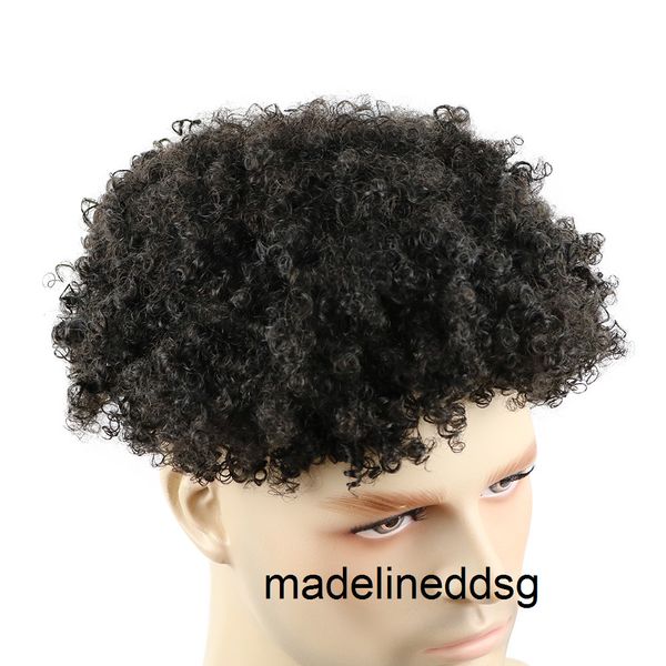 

mens human hair toupee wig full skin 10mm kinky curly replacement system handmade hairpieces indian remyhair l9mg, Black