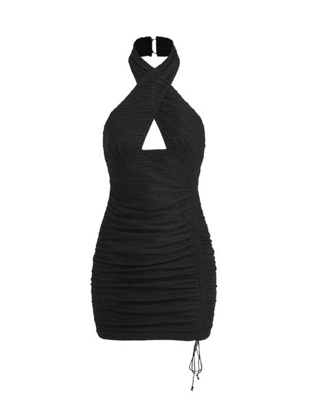 

mod drawstring side criss cross halter dress n99n#, Black;gray
