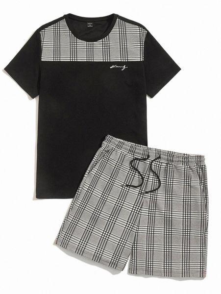 

men letter & plaid print tee & drawstring waist shorts m5tq#, Gray